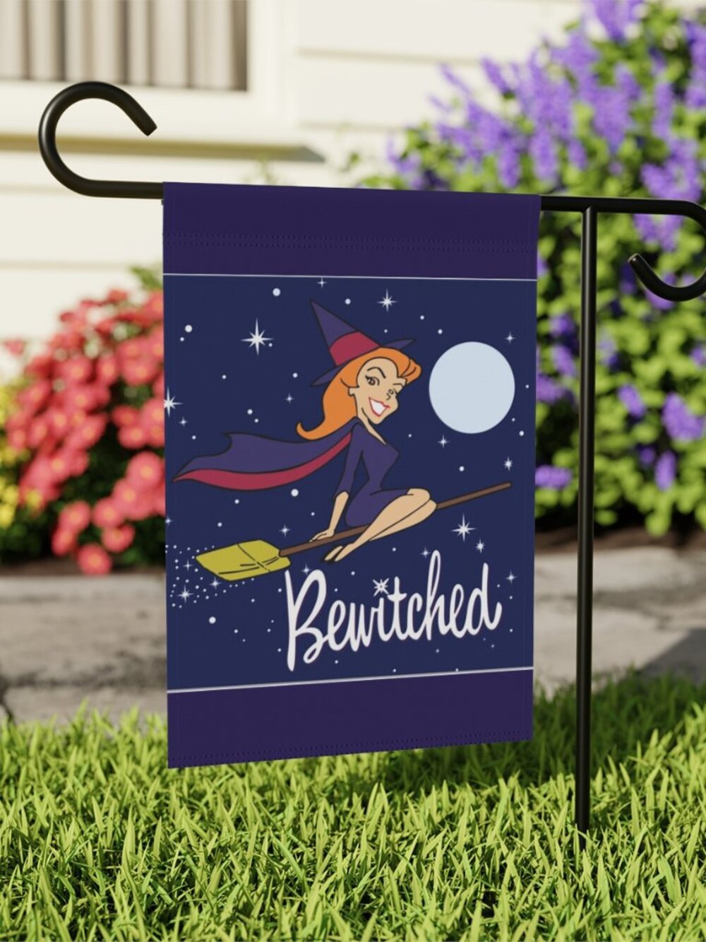 Bewitched Witch Flying Broom Halloween Garden Flag